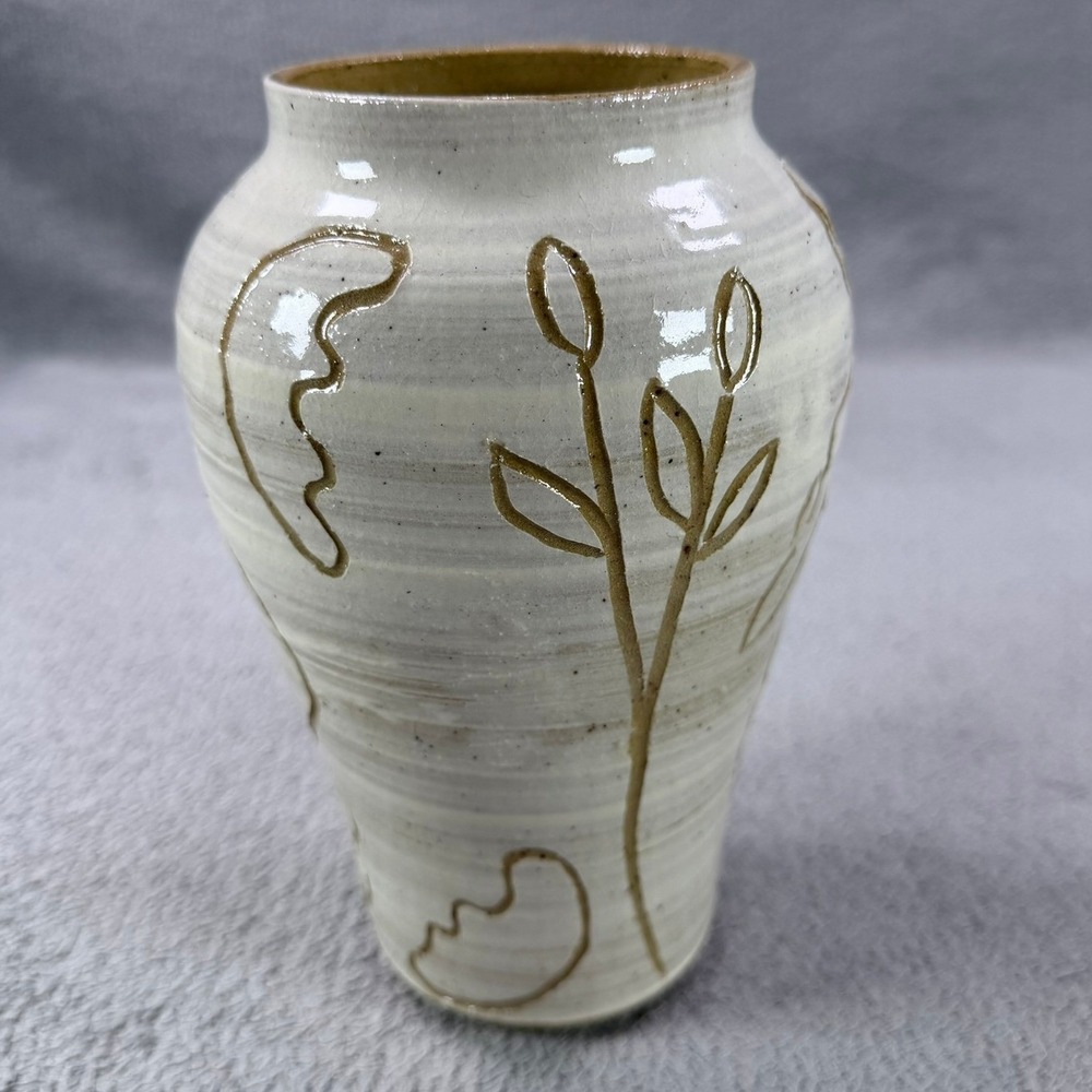Studio Pottery Sgraffito Vase Cream Brown Stoneware Nude Figure Botanical Decor